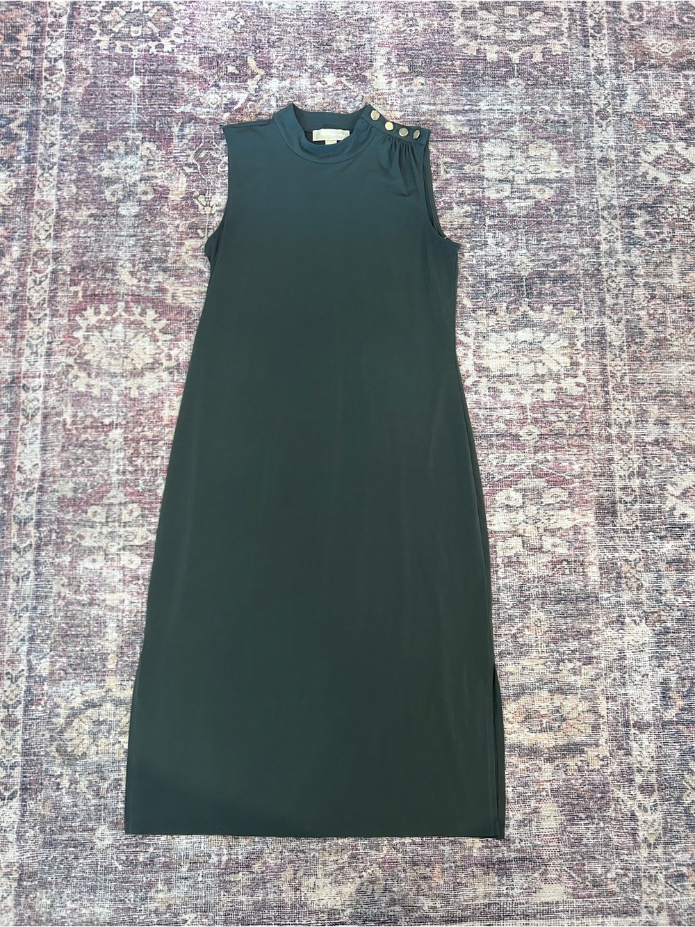 Michael Kors Green Sleeveless Mock Neck Dress with Gold Shoulder Button detail